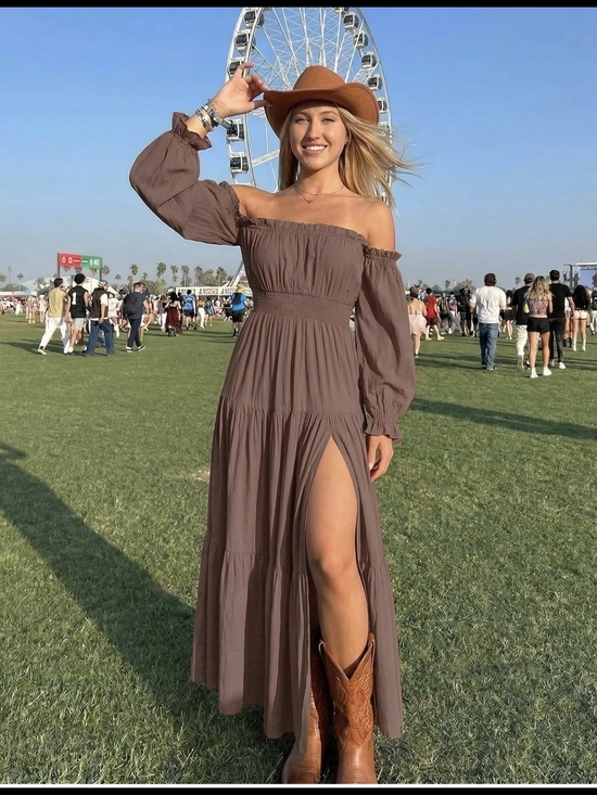 Dresses & Skirts - Off-Shoulder Brown Maxi Dress with Thigh Slit NWT